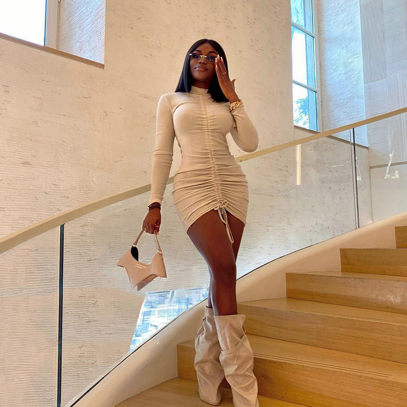 VZYZV 2025 popular autumn new stand-up collar pleated long-sleeved pleated solid color short dress Popular trade wholesale women's clothing