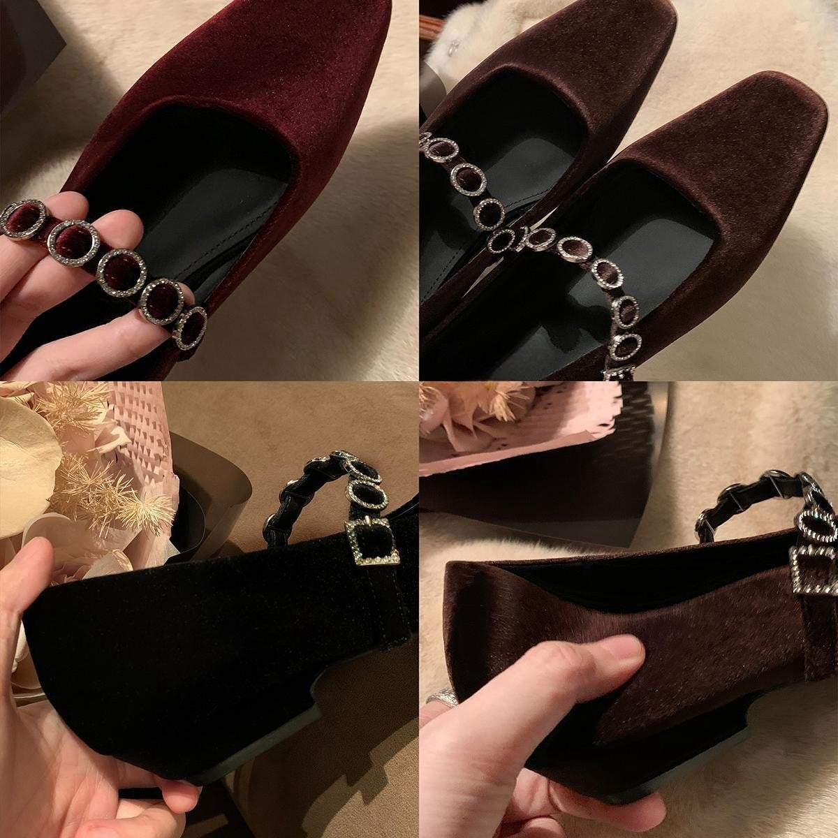 2025 square head light mouth high heels one-word diamond belt low heel suede Mary Jane single shoes