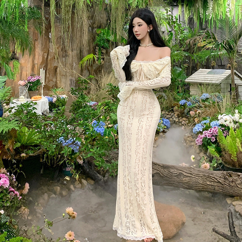 2025 temperament gentle one-word shoulder lace dress dinner party tube top dress waist hip trailing dress
