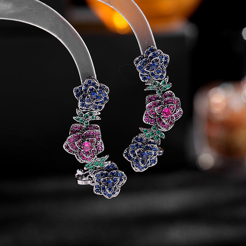 2025 Ethnic style retro rose ear bone clip color zirconium earrings women's S925 silver needle fashion temperament camellia earrings