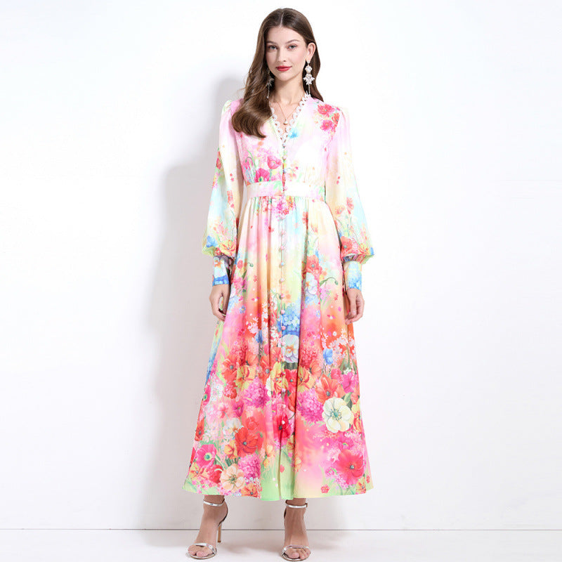 Holiday style dress women's new V-neck lace splicing lantern sleeve waist printed chiffon dress