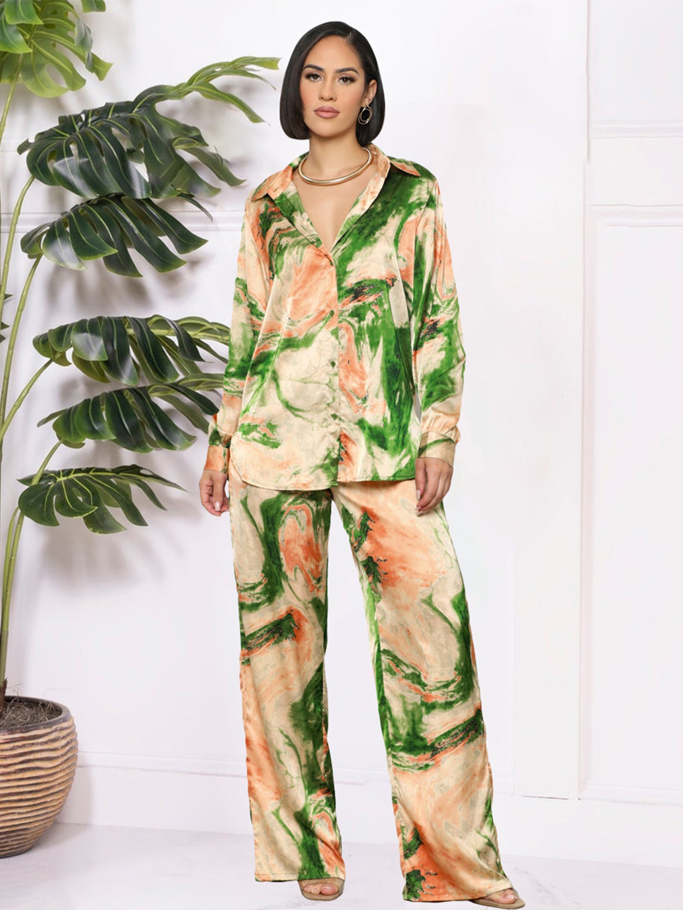 SIXSR T036 2025 women's clothing retro geometric printing lapel loose shirt autumn fashion versatile lace-up collection
