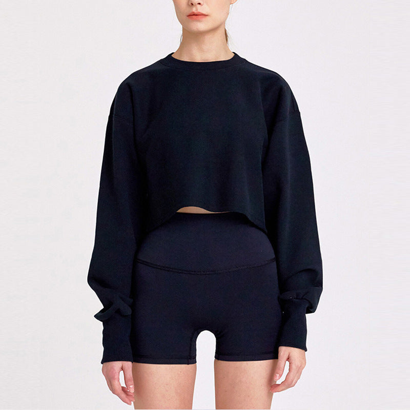 New new outdoor sports running fitness yoga clothes top women's loose navel short long-sleeved sweater