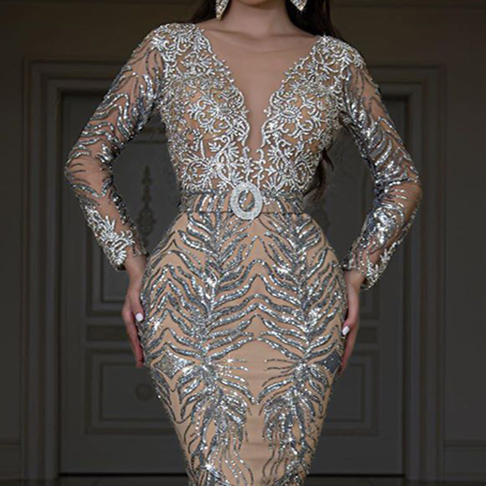new women's New dress bronzing long-sleeved slim-fitting sexy fishtail mopping evening dress
