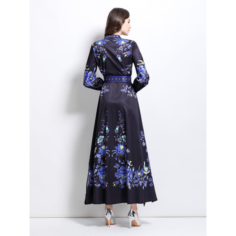 Court style blue and white porcelain printed stand-up collar single-breasted stunning skirt high-end elegant temperament big swing dress women