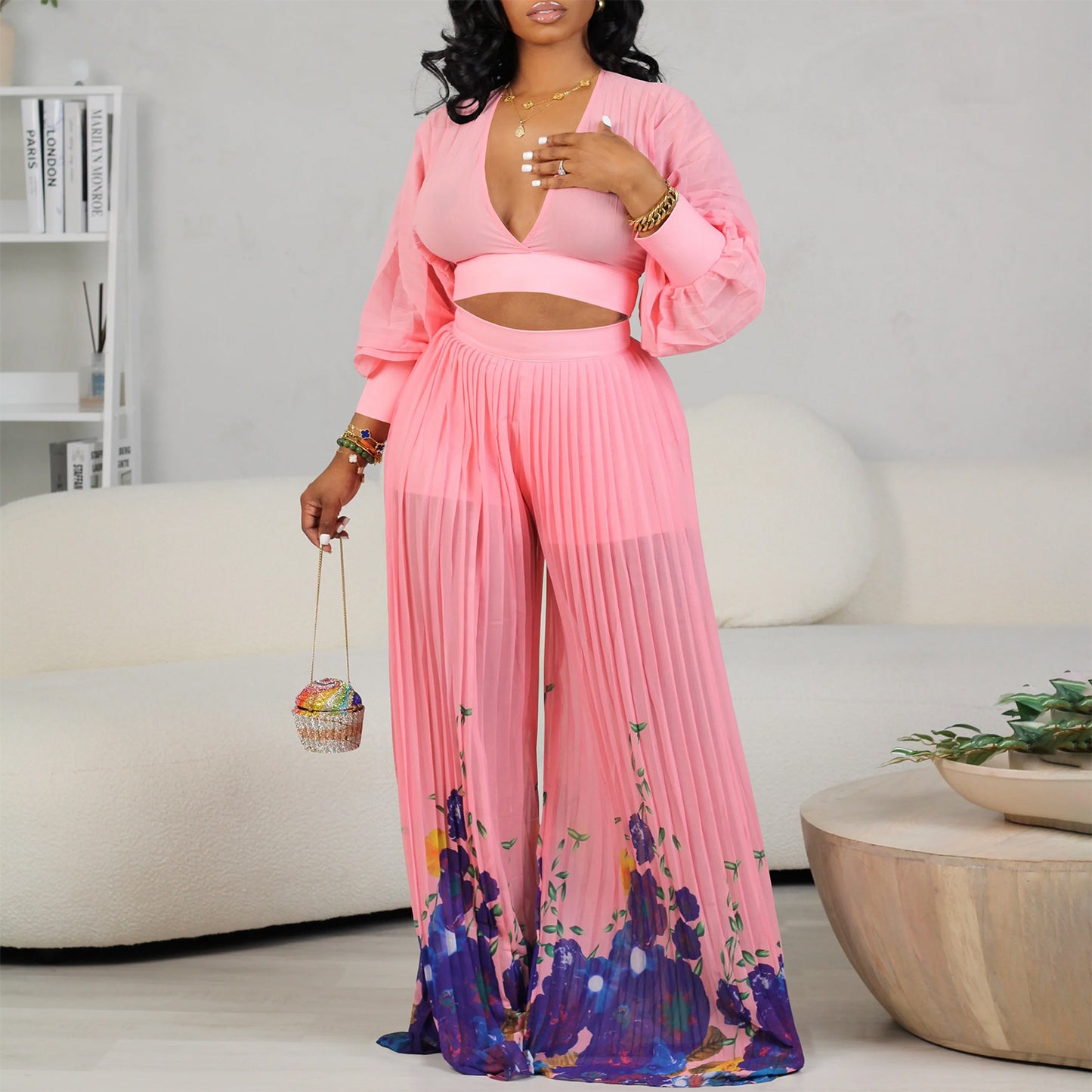 SIXSR D440 New Hot Trade Wholesale V-neck chiffon lantern sleeve top pleated wide-leg pants two-piece set 2025 suit