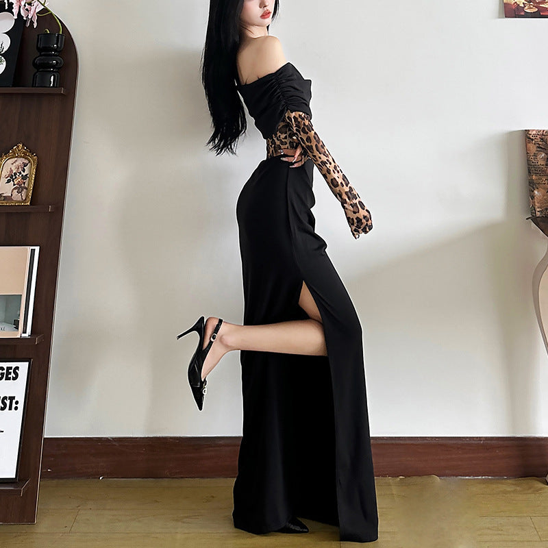 2025 style popular winter new women's clothing fashionable and sexy one-word collar off-shoulder leopard print high split dress