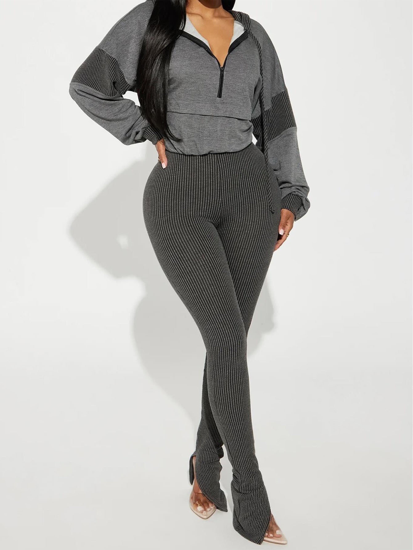 SIXSR T049 2025 autumn and winter fashion long-sleeved hooded splicing top slim-fit elastic striped split trousers
