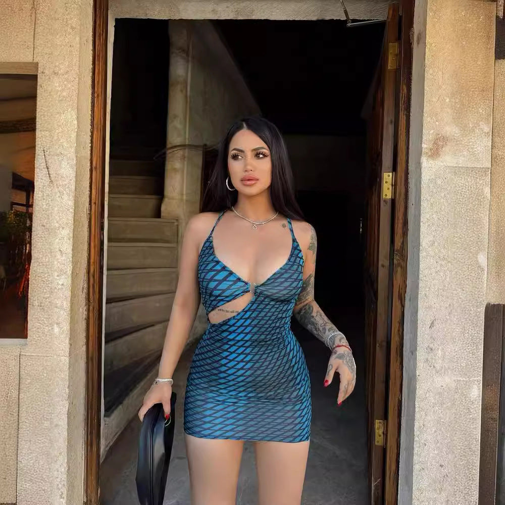 SIXSR 2025 Sexy Spice Girls Women's Clothing Summer ins Wind U-Neck Hollow Shoulder Strap Halter Blue Stripe Printed Dress