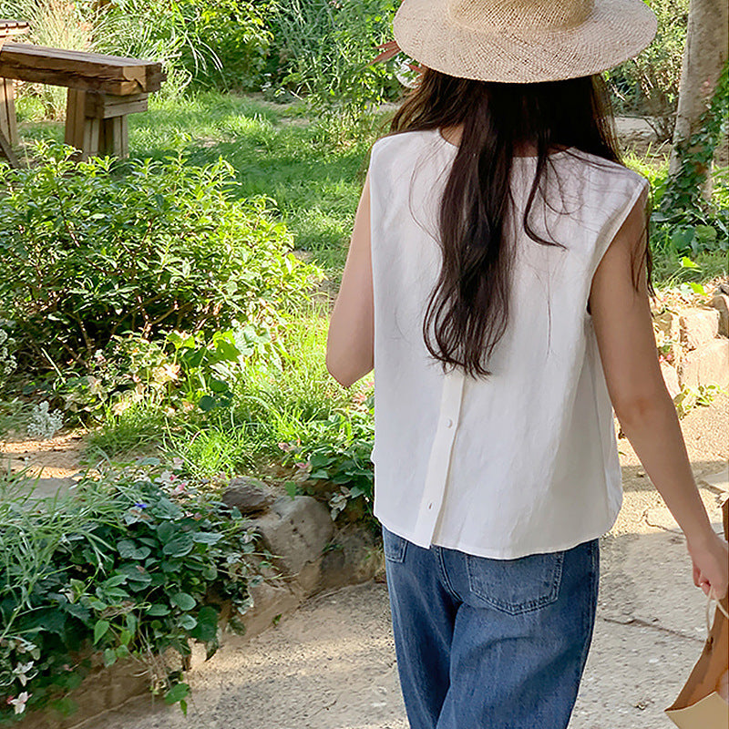 Summer popular new sleeveless T-shirt, Japanese cotton and linen back open button design sense niche ramie vest top women