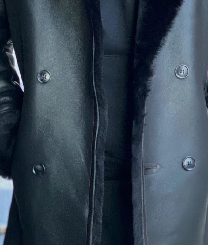 2025 independent station wish New black big fur collar medium and long men's leather jacket 6568