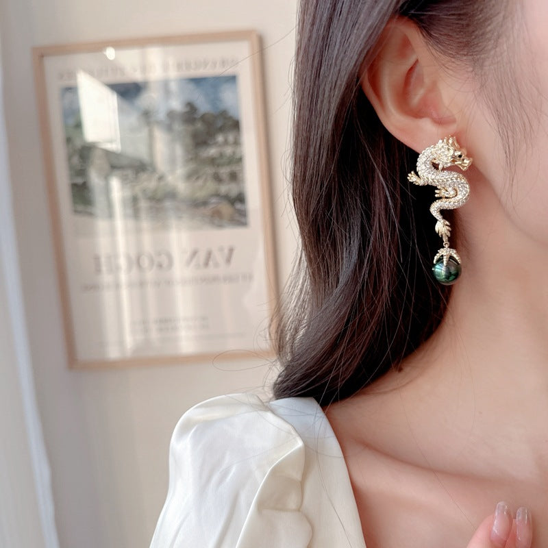 2025 popular Year of the Dragon Zodiac Earrings Pearl China Wind Heavy Industry Zircon Inlay Personality Creative Design Sense Dragon Earrings