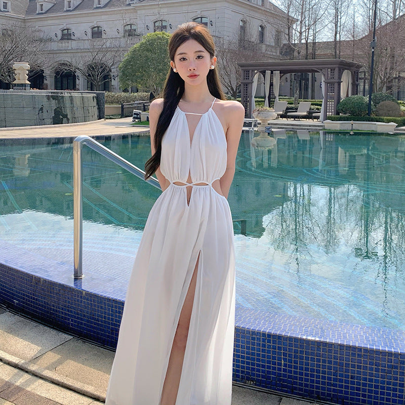 2025 Thailand Sanya travel photo beach dress seaside vacation dress pure desire sexy hollow white suspender dress