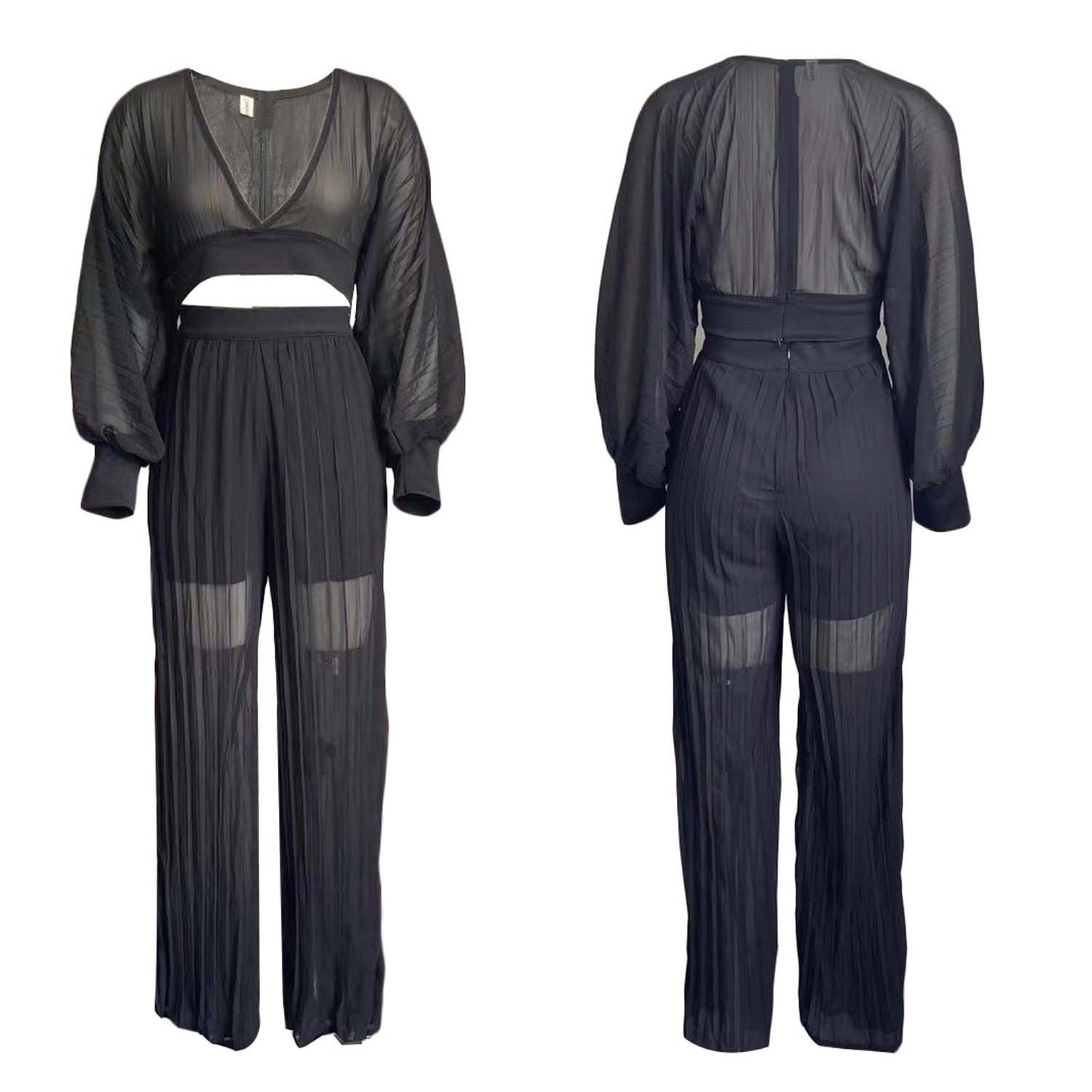 SIXSR D185 Popular trade women's clothing popular new chiffon pleated V-neck top wide-leg pants two-piece set 2025 casual suit