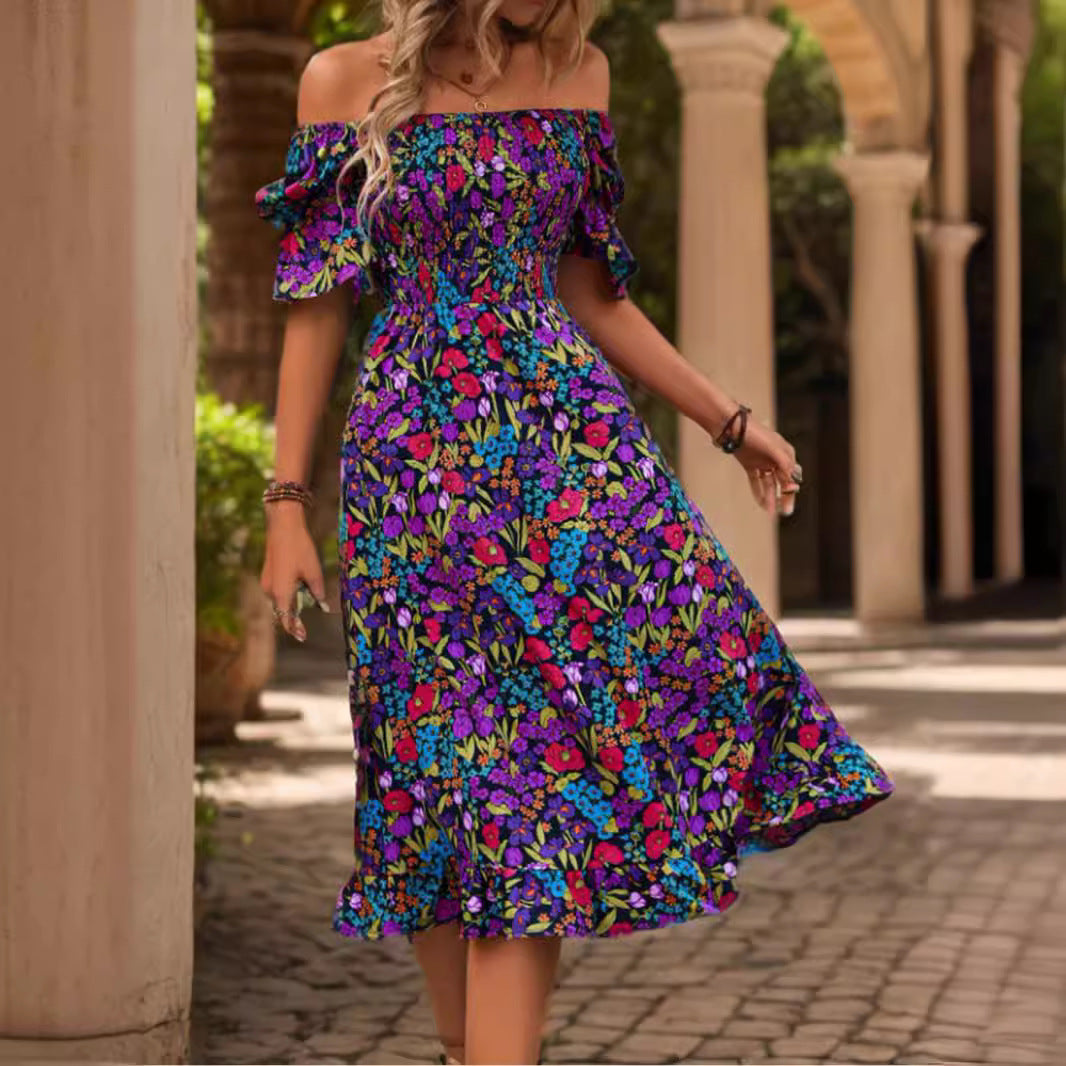 popular Hot Trade Women's Clothing Shoulder Horn Sleeve Medium and Long Dress Printed Short Sleeve Dress