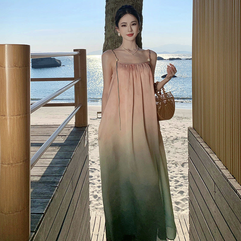 2025 Seaside holiday wind gradually change color smudge loose suspender beach skirt summer dopamine dress atmosphere super fairy