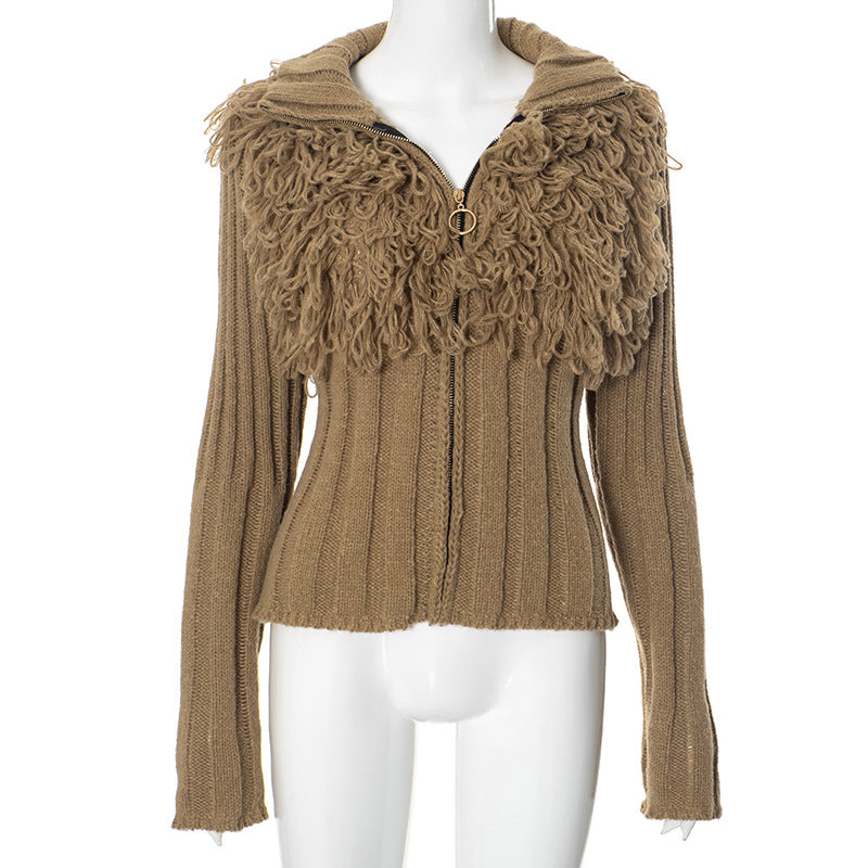 SIXSR Q24TP394 2025 New women's clothing winter new solid color long-sleeved woolen short zipper slim cardigan top