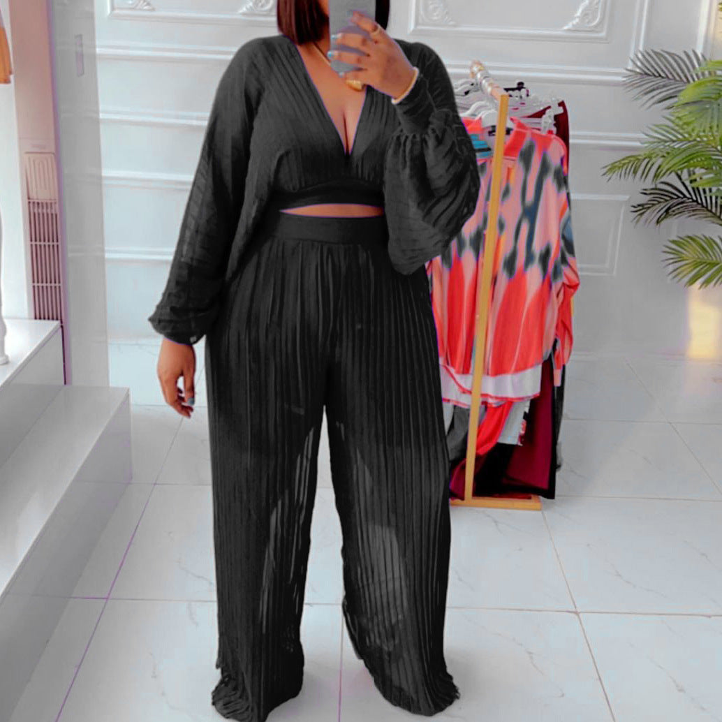 SIXSR D232 popular summer new pleated chiffon see-through V-neck top wide-leg pants set 2025 two-piece set