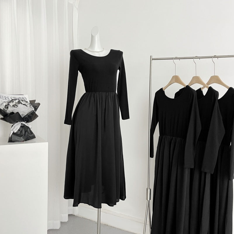 2025 coffee break black long-sleeved dress for children and women, summer spring and autumn new high-end Hepburn style waist dress