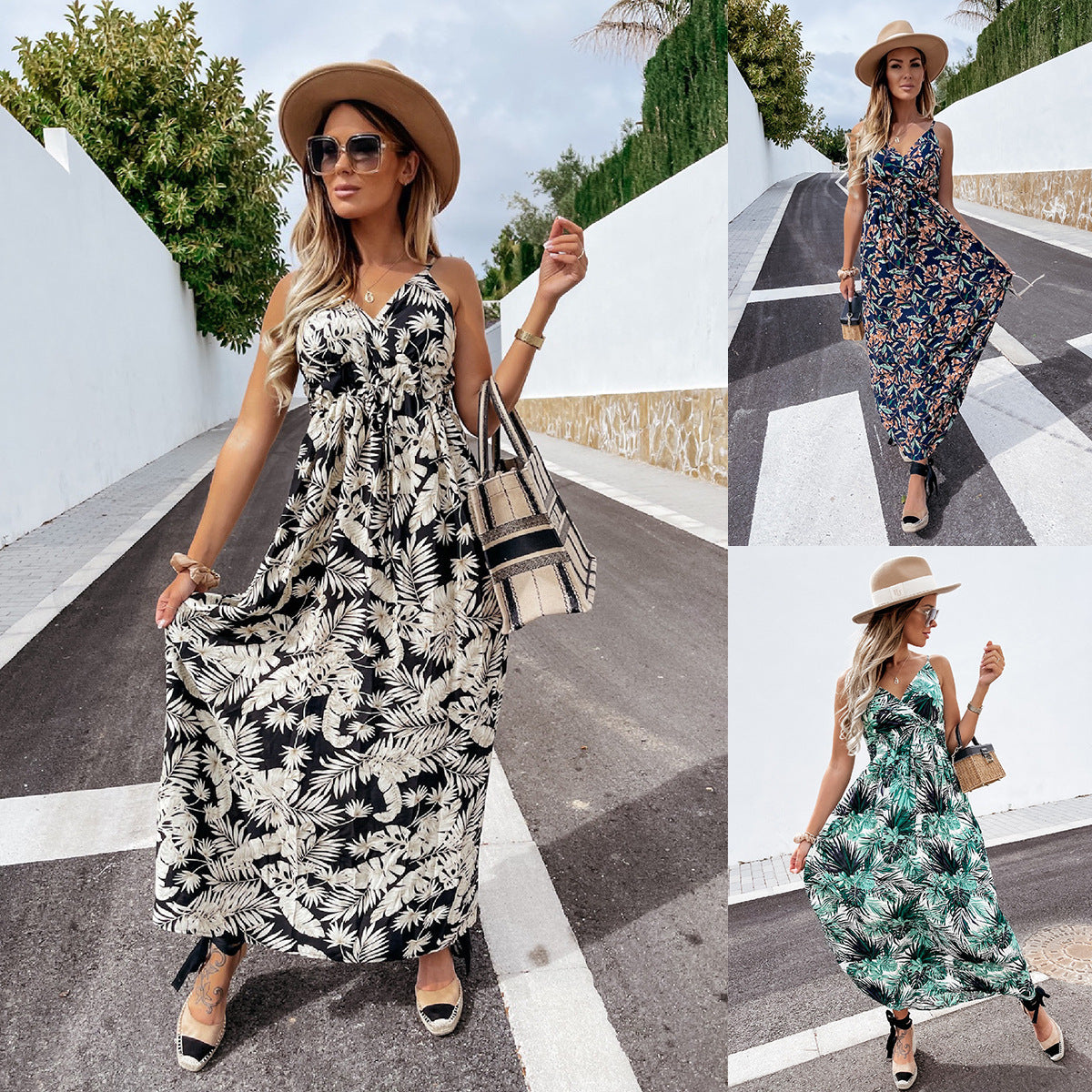 Popular trade 2025 women's clothing popular summer v-neck sleeveless suspender printed bohemian dress