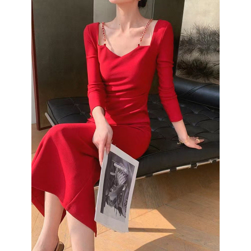 2025 Red long-sleeved square-neck dress for women's autumn spring new slim-fitting and thin hip-wrapped long skirt for women