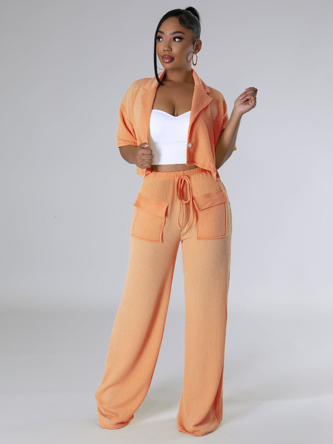 SIXSR T026 Europe and America summer fashion elegant short-sleeved button-up shirt collar top pocket lace-up set