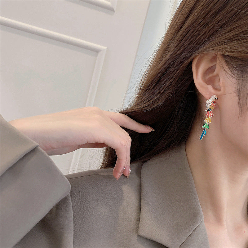 2025 Bohemian ethnic style earrings temperament personality design sense bird long color feathers oil dripping parrot earrings