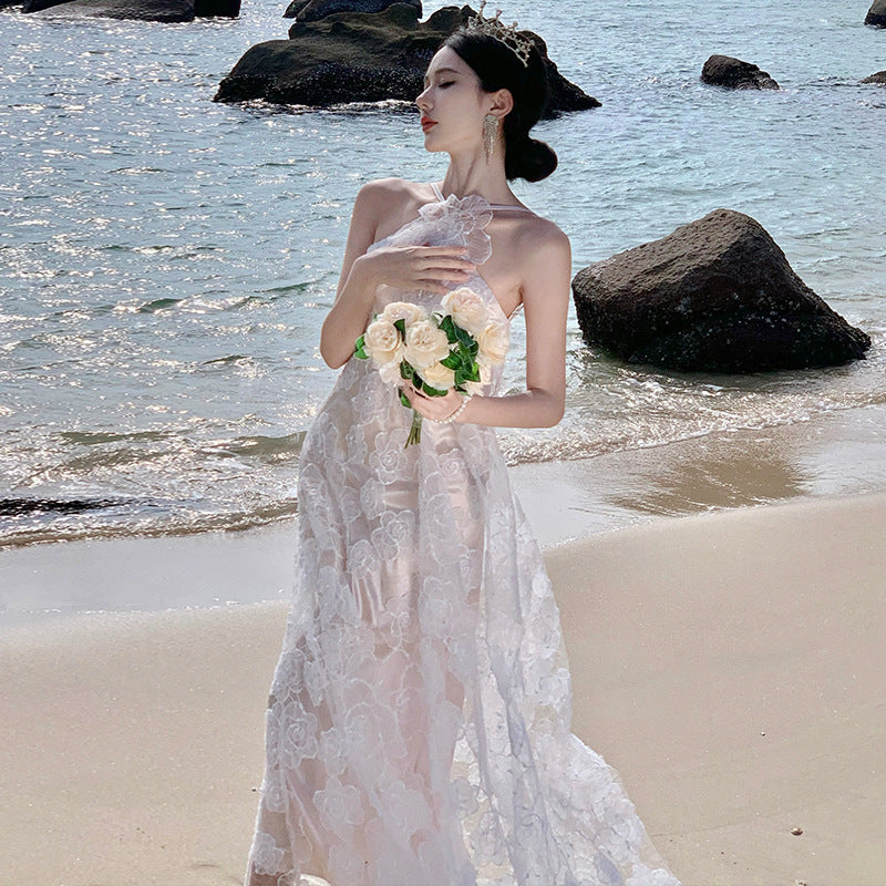 2025 Niche light wedding dress morning gown bride birthday engagement dress small white dress seaside vacation white neck dress