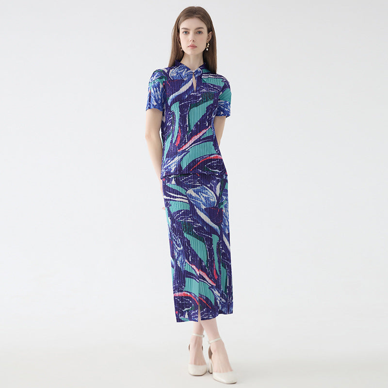 summer new flower suit women's POLO neck short-sleeved top straight print skirt two-piece set women