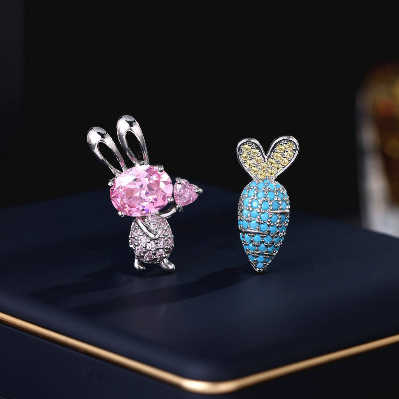 2025 S925 silver needle rabbit year natal year earrings sweet fresh temperament asymmetrical cute carrot bunny stud earrings