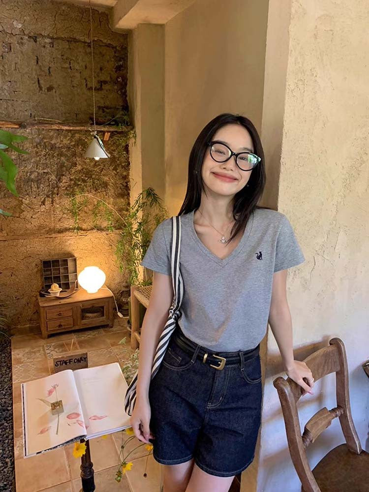 Siyuan 25 Spring and Summer Shoulder V-Neck Fox Embroidery Pure Cotton Slim Skinny T-Shirt Short Sleeve Women's Top 7771