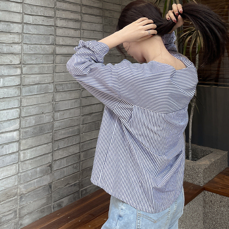 Spring New Striped Shirt Women's Fashion Square Neck Design Sense Long Sleeve Pullover Thin Room Strip Shirt Women's