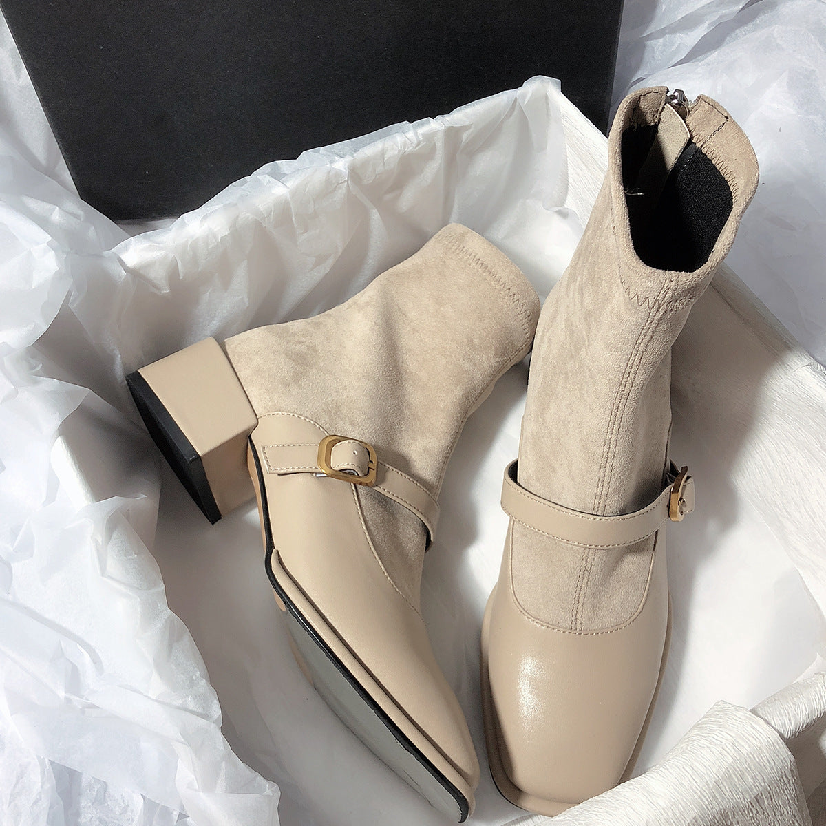 2025 Simple and well-behaved Mary Jane short boots buckle back zipper thick heel elastic boots thin boots large size women