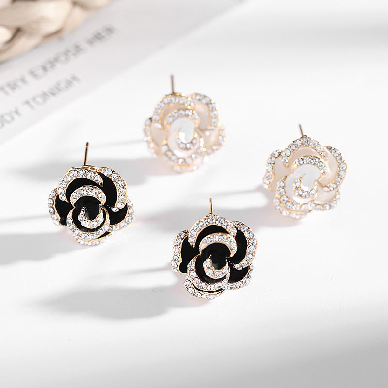 2025 Korean version of fashion 2023 new flower earrings, socialite dripping oil rhinestone earrings, women's 925 silver needle camellia stud earrings