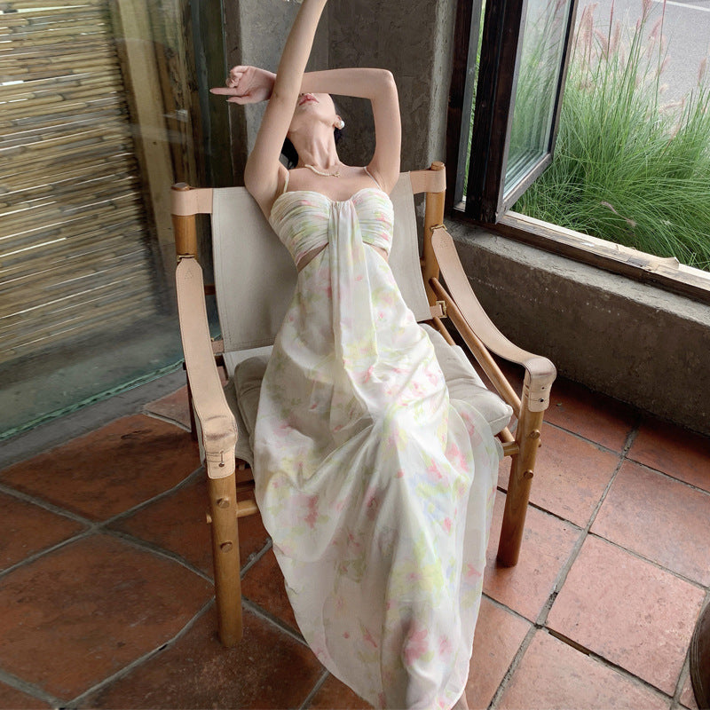 2025 Seaside wear suspender long dress high sense women summer vacation wind waist tube top dress floral chiffon beach dress