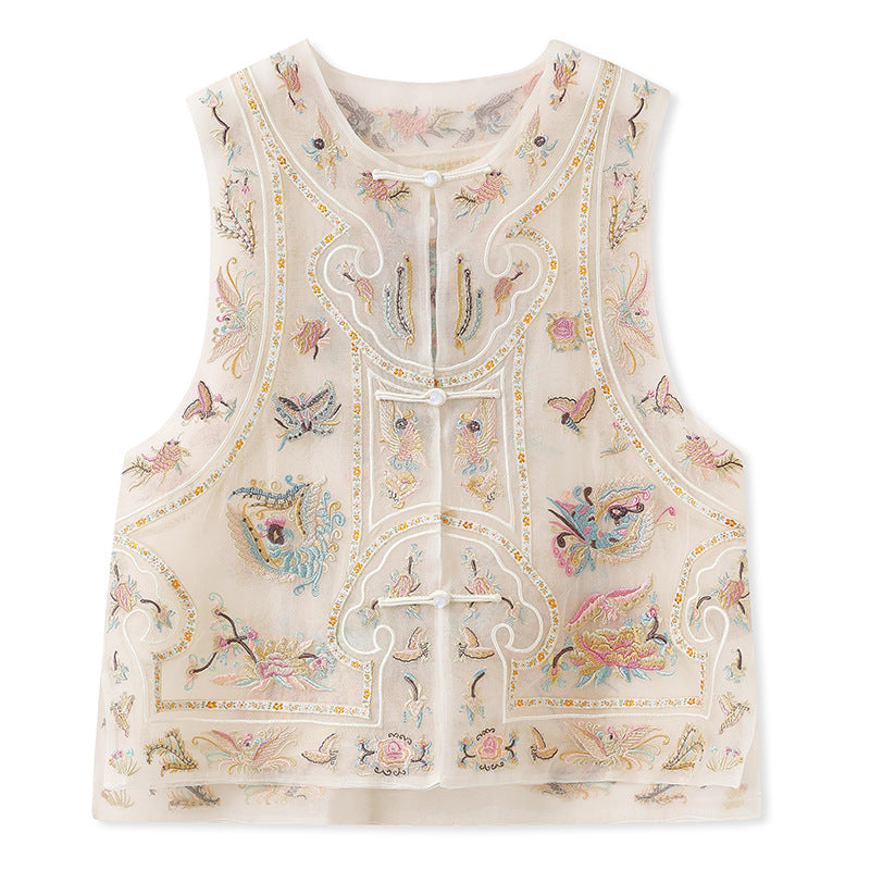 Guofeng retro buckle jacquard embroidered vest 2025 new unique design mulberry silk round neck vest N2022