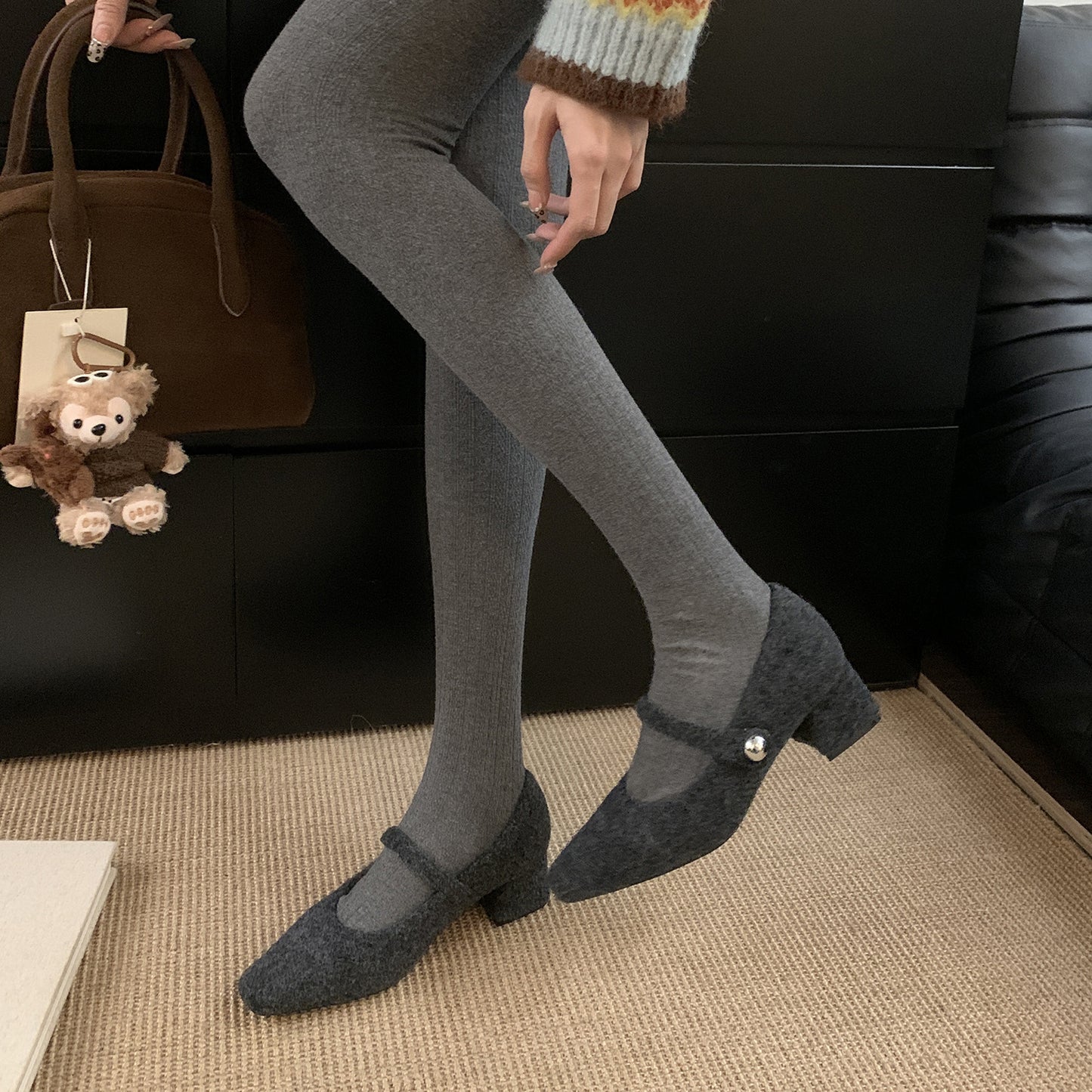 2025 Square head gray thick heel single shoes women's winter temperament velvet evening high heel Mary Jane fluffy shoes