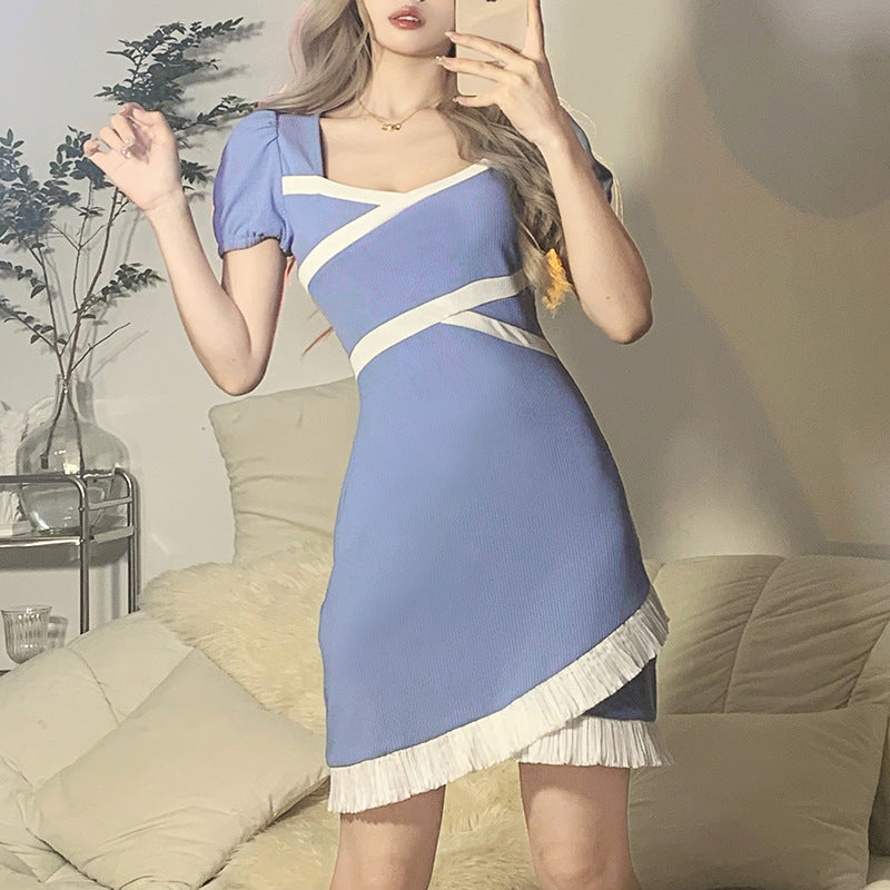 2022 2025 style New autumn new women's clothing solid color slim-fitting high-waisted fashion lace square neck short-sleeved dress