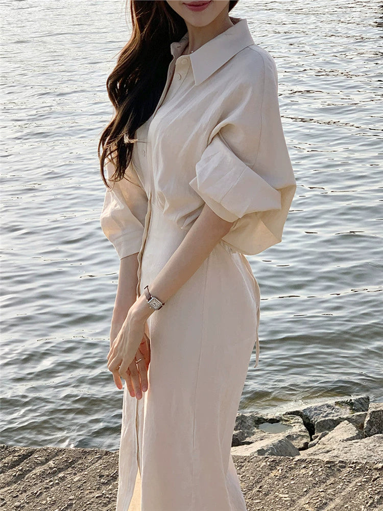 Coffee break linen dress women's spring summer new temperament waist thin gentle cotton and linen shirt long dress