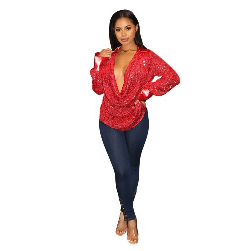 SIXSR Wholesale INS Wind Sequin Pleated Shirt Women's Wish New Loose Casual Long Sleeve Women's Shirt