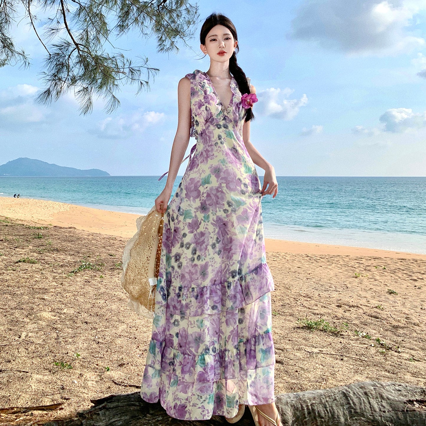 2025 coffee break fairy long dress temperament sweet and floral dress female summer lotus leaf edge skirt vacation long dress