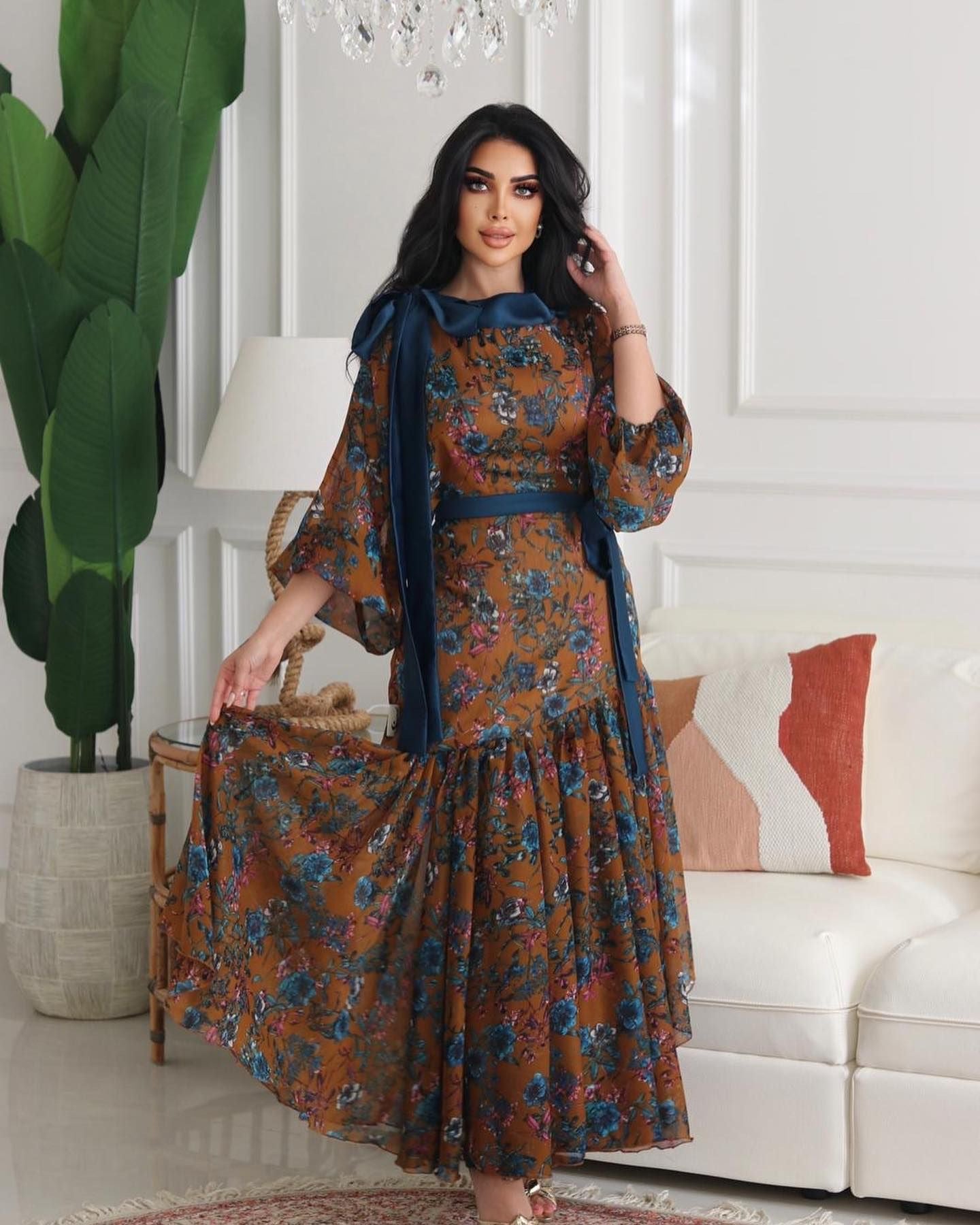 2025 popular spring and summer New Popular trade women's clothing independent station ebay sexy chiffon printing pendulum belt ball evening dress