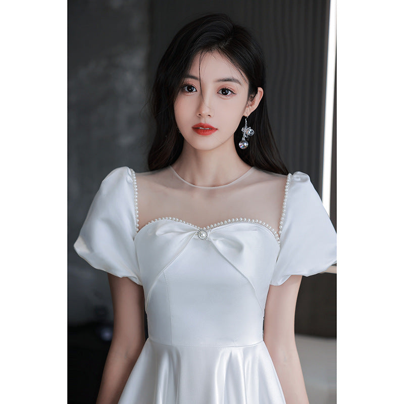 White satin small evening dress new models can usually wear engagement certificate veil registration anniversary dress women