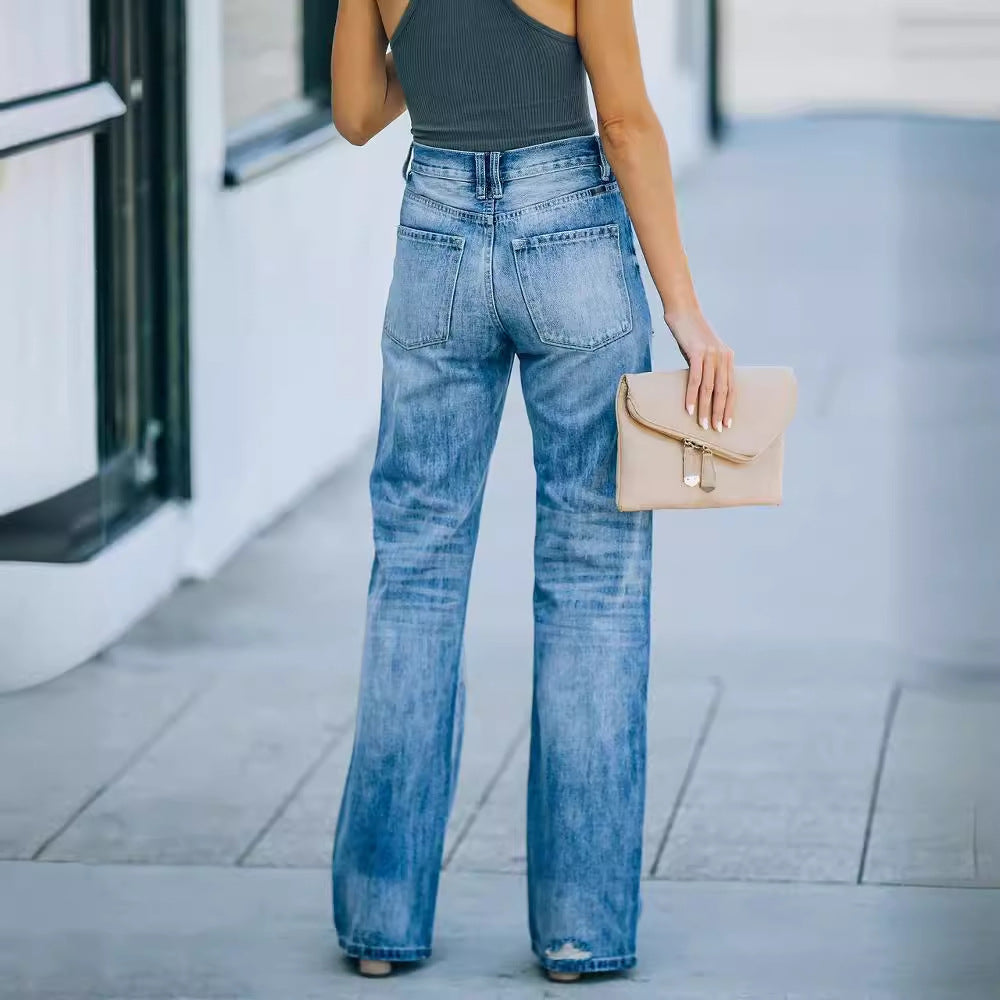 2025 Spot New Popular trade independent station popular autumn casual wide-leg pants mid-waist washing water holes women's denim trousers