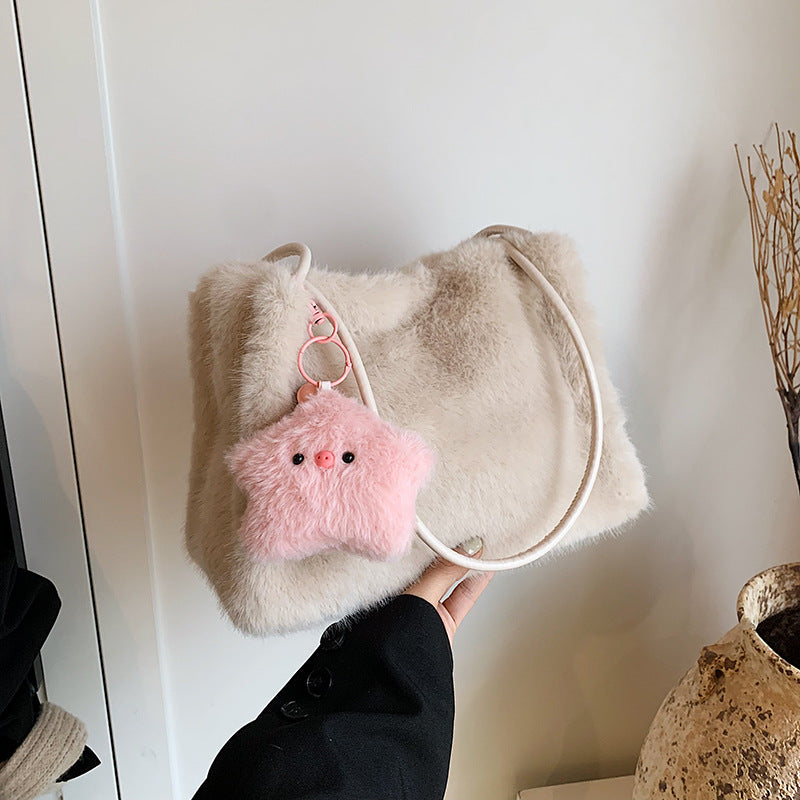 SIXSR 2025 Korean version of fashion plush tote bag popular new large-capacity cute star shoulder bag fluffy girl hand bag