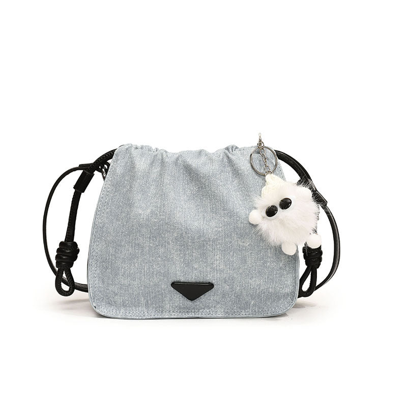 SIXSR 2025 Small bag women's popular new trendy pleated solid color shoulder messenger bag popular denim casual drawstring bucket bag
