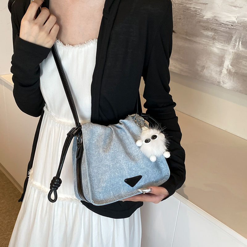 SIXSR 2025 Small bag women's popular new trendy pleated solid color shoulder messenger bag popular denim casual drawstring bucket bag