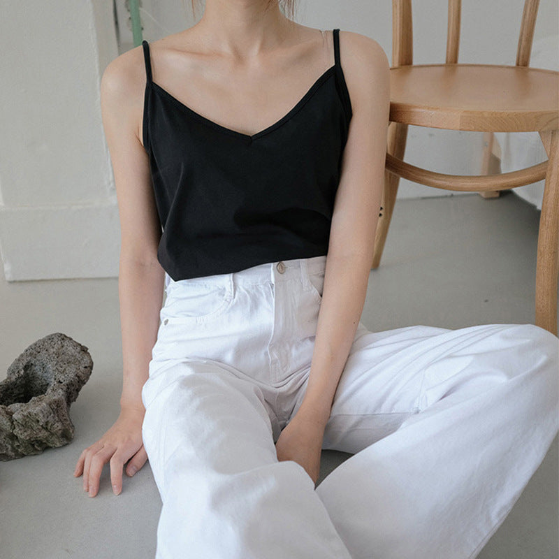 Summer v-neck vest, cotton and linen niche, breathable, comfortable and loose, sleeveless suspenders, versatile inner top, Korean version of women's clothing