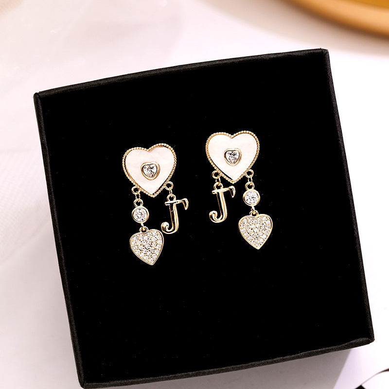 2025 S925 silver needle niche fresh temperament earrings zircon inlay fashion design sense love letter red heart J stud earrings