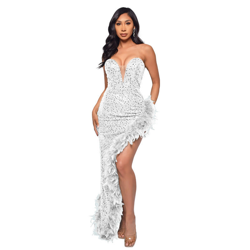 SIXSR 2025 OEM women's summer skirt high-end long dress 2025 trade tube top backless sequined feather dress wholesale